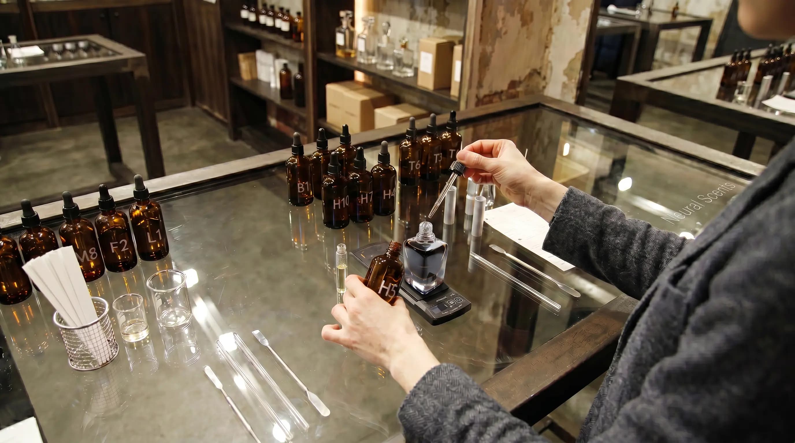 Fragrance blending machine dispensing a scent