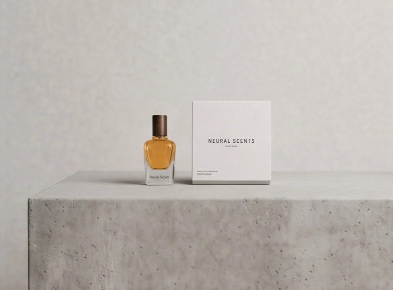 Neural Scents bottle and box resting on a concrete ledge